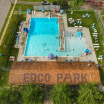 Birds eye view of EDCO Park pool and building